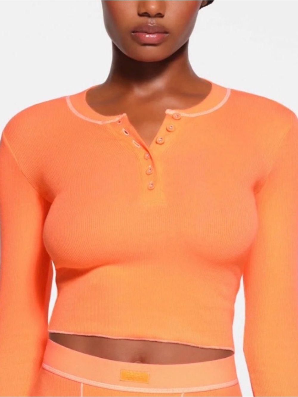 SKIMS Cropped Henley Top in Neon Orange